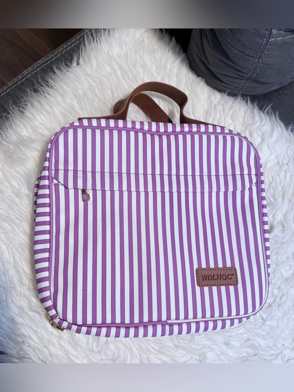Purple & White Striped Cosmetic Travel Case with Top Handle